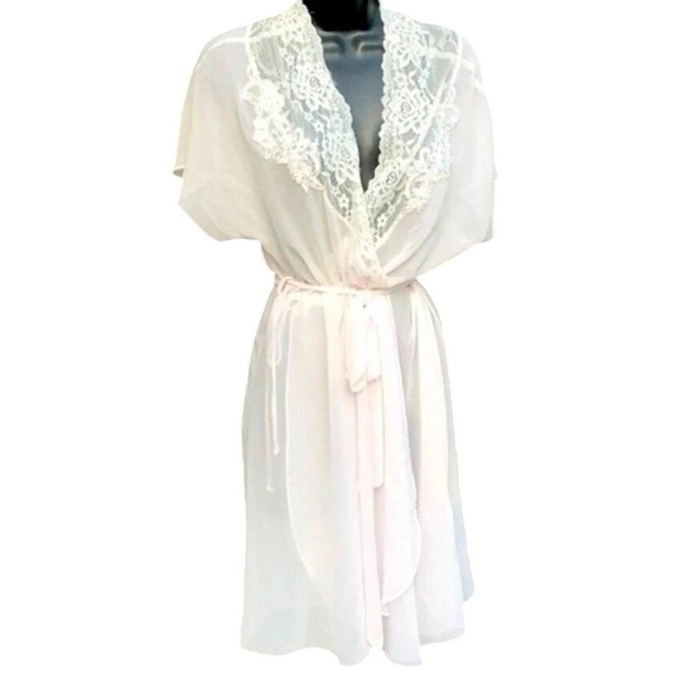 Linea Donatella White Sheer Chiffon Lace Trim Short Robe Bridal Wrap S/M